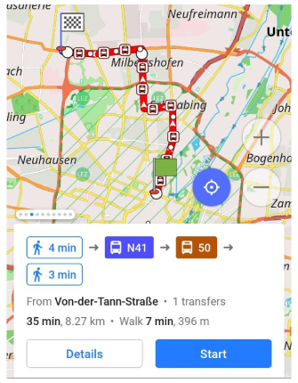 Detalhes de transporte público de navegação Android