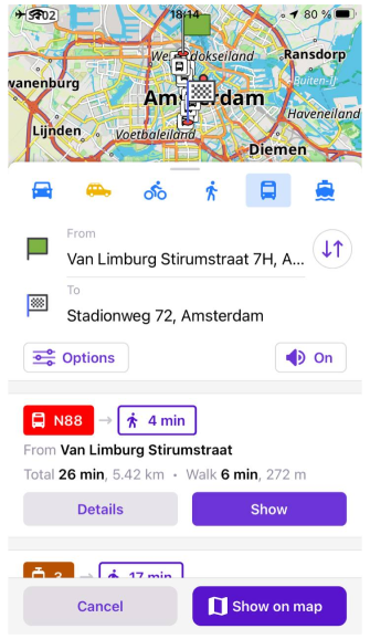 Rotas de transporte público de navegação iOS
