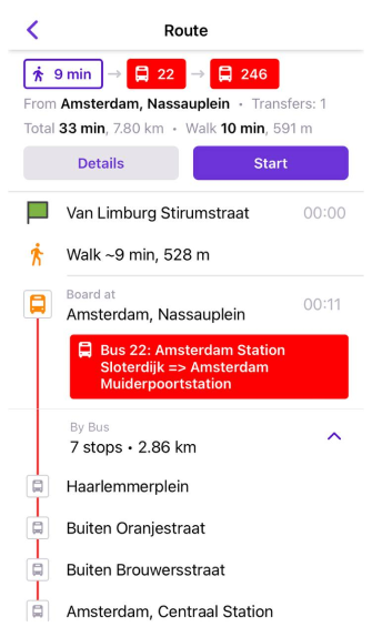 Lista de paradas de transporte público de navegação iOS