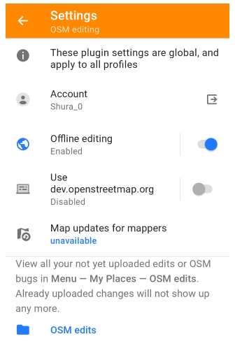 Configurações do plugin de edição OpenStreetMap Android