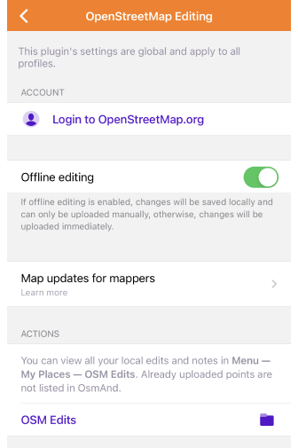 Configurações do plugin de edição OpenStreetMap Android