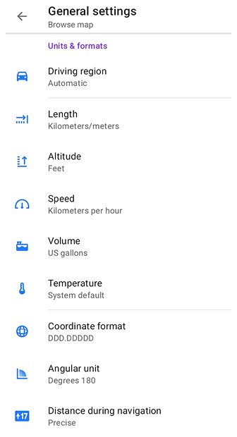 Profiles General Settings Units & formats Android